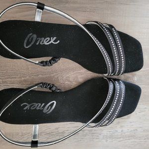 Onex Black Evening Shoes with Crystal Straps (8M); Silver Heels.